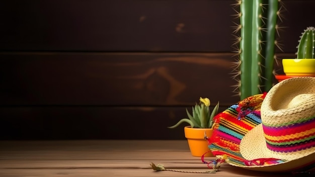 Фото Праздничный фон синко де майо с мексиканской шляпой сомбреро кактуса на деревянной поверхности нейронная сеть, сгенерированная в мае 2023 г.