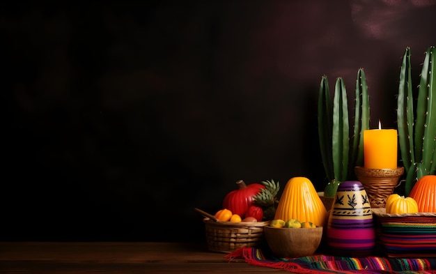 Photo cinco de mayo holiday background with mexican cactus and sombrero hat on wooden table generative ai