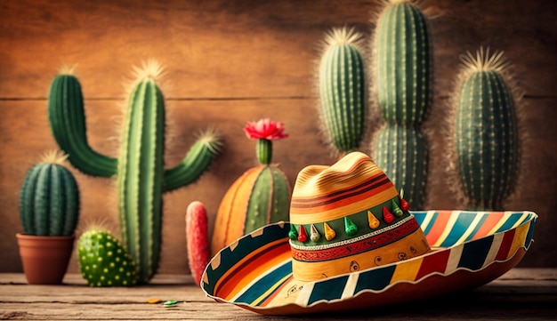 Cinco de Mayo holiday background with Mexican cactus and sombrero hat on wooden table