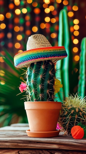 사진 파티 솜브레로 모자를 쓴 멕시코 선인장이 있는 친코 데 마요(cinco de mayo) 휴일 배경