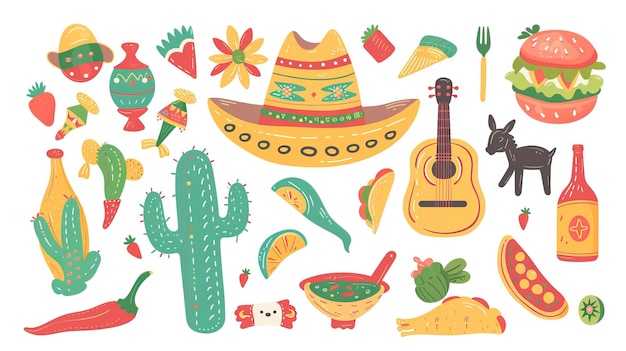 음악 기타, 마라카스, 투스 및 테킬라 병 요소와 함께 Cinco de Mayo 휴가 배경