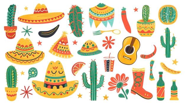 음악 기타 마라카스 타스 및 테킬라 병 요소와 함께 Cinco de Mayo 휴일 배경