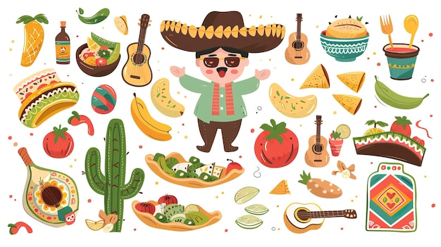 음악 기타 마라카스 타스 및 테킬라 병 요소와 함께 Cinco de Mayo 휴일 배경