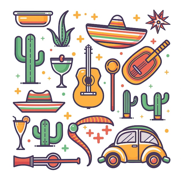음악 기타 마라카스 타스 및 테킬라 병 요소와 함께 Cinco de Mayo 휴일 배경