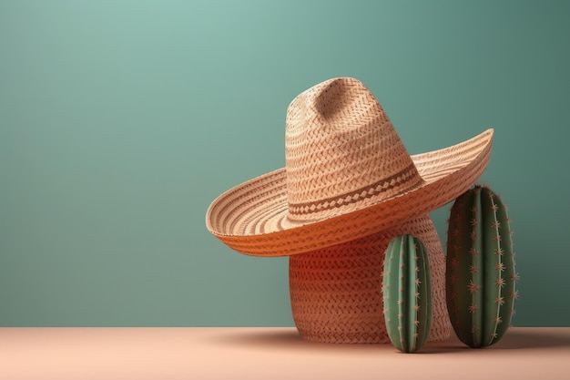 Cinco de Mayo holiday minimal simple background with Mexican cactus and party sombrero hat Ai generative