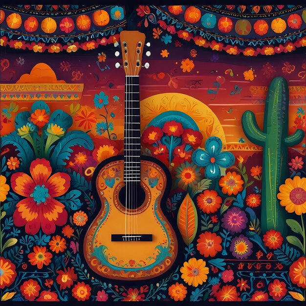 Photo cinco de mayo illustration background concept with sombrero hat ornament cactus and flowers