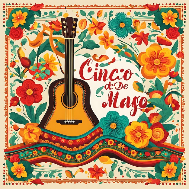 Cinco De Mayo Illustration background concept with sombrero hat ornament cactus and flowers