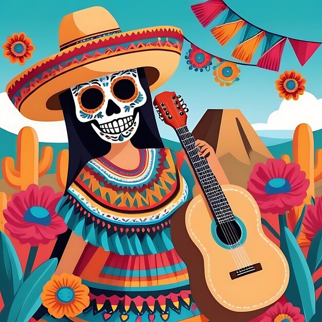 Foto cinco de mayo il concetto di sfondo dell'illustrazione con ornamento di cappello sombrero cactus e fiori