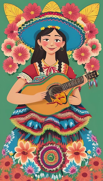 Foto cinco de mayo il concetto di sfondo dell'illustrazione con ornamento di cappello sombrero cactus e fiori