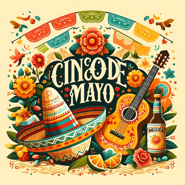 Foto cinco de mayo il concetto di sfondo dell'illustrazione con ornamento di cappello sombrero cactus e fiori