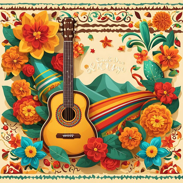 Cinco De Mayo Illustration background concept with sombrero hat ornament cactus and flowers