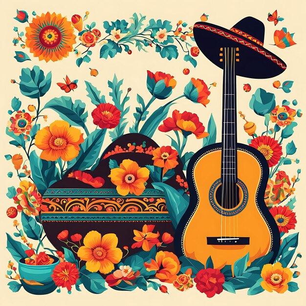 Foto cinco de mayo il concetto di sfondo dell'illustrazione con ornamento di cappello sombrero cactus e fiori