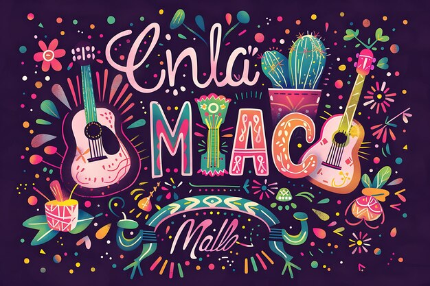 Foto cinco de mayo lettering met geïllustreerde gitaren