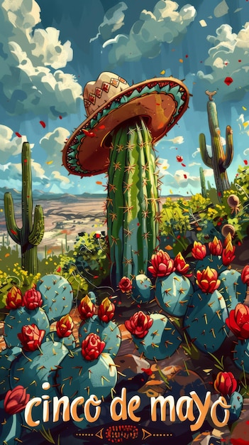 Cinco de mayo mexican fiesta poster with text Sombrero and cactus guitar and tequila