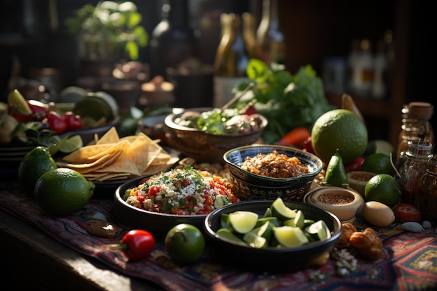シンコ・デ・メイオ (Cinco de Mayo) メキシコ国旗の伝統的な装飾おそらく人々が食べ物や飲み物で祝っている人工知能で生成された