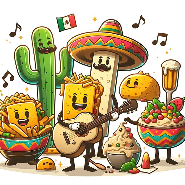 Photo cinco de mayo mexican food festival poster with cartoon characters sombrero tacos with guitar