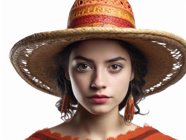 Cinco de mayo Mexican girl in a sombrero hat on a white background