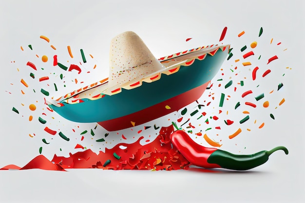 Cinco de Mayo Rode peper in de schaduw van een sombrero Confetti-illustratie Generatieve Ai