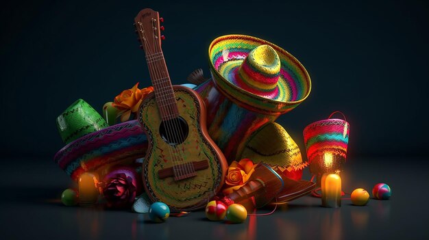 Cinco de Mayo set sombreros pinatas a guitar maracas and decoration Generative AI