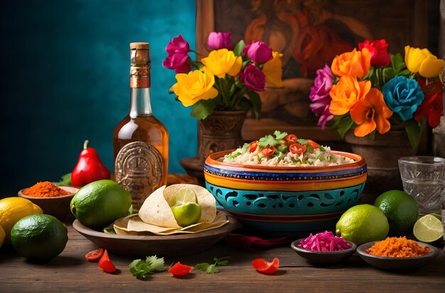 Cinco de Mayo sombrero rests on a table next to a bowl of green limes