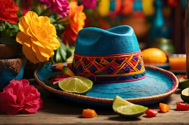 Cinco de Mayo sombrero는 초록색 라임의 그 에 있는 테이블에 앉아 있습니다.