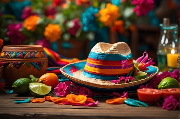 Cinco de Mayo sombrero rests on a table next to a bowl of green limes