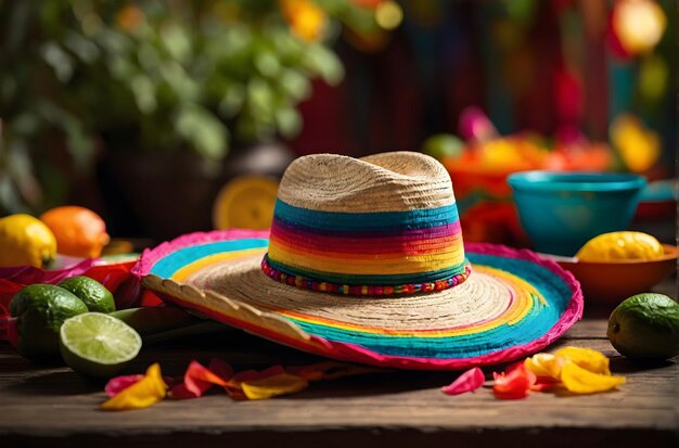 Cinco de Mayo sombrero rests on a table next to a bowl of green limes