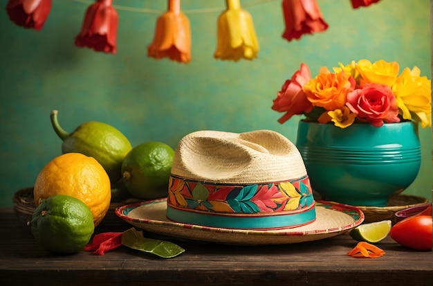 Cinco de Mayo sombrero rust op een tafel naast een kom met groene limoenen