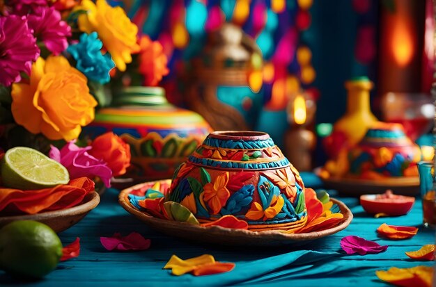 Cinco de Mayo sombrero rust op een tafel naast een kom met groene limoenen