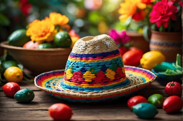 Cinco de Mayo sombrero rust op een tafel naast een kom met groene limoenen