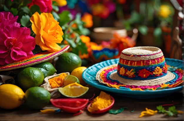 Cinco de Mayo sombrero rust op een tafel naast een kom met groene limoenen