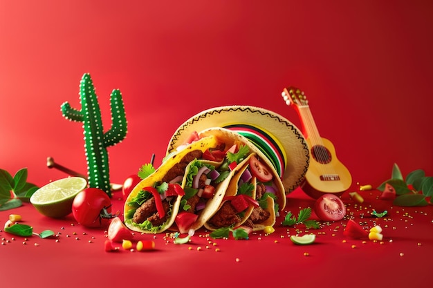 Cinco de Mayo taco with festive decorations on red background