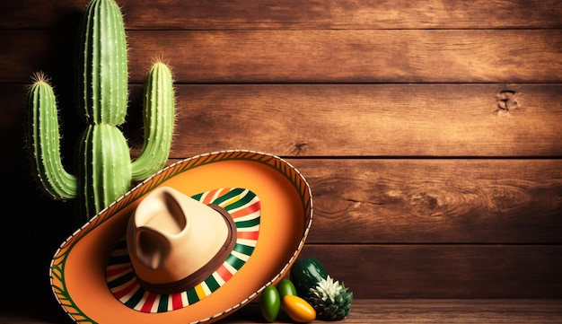 Cinco de Mayo vakantie achtergrond met Mexicaanse cactus en sombrero hoed op houten tafel