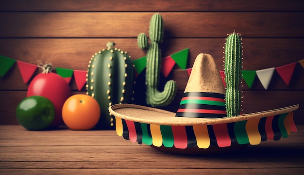 Cinco de Mayo vakantie achtergrond met Mexicaanse cactus en sombrero hoed op houten tafel