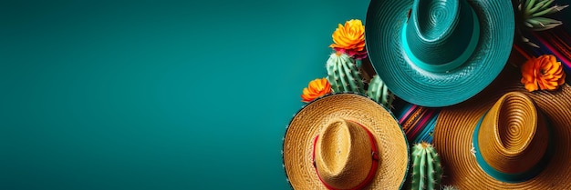 Cinco de Mayo vakantie achtergrond Mexicaanse cactus en feest sombrero hoeden op groenblauw groene banner Generatieve AI illustratie