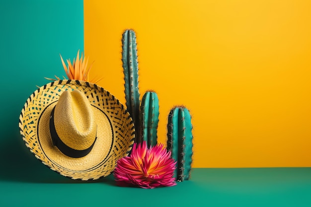 Cinco de Mayo vakantie achtergrond Mexicaanse cactus en party sombrero hoed op gele turquoise achtergrond Generatieve AI illustratie