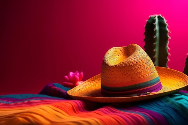 Cinco de Mayo vakantie achtergrond Mexicaanse sombrero hoed en poncho op magenta achtergrond Generatieve AI illustratie