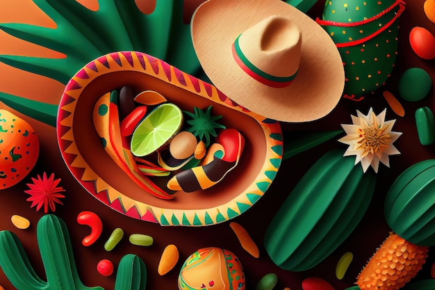 Cinco de Mayo-vakantieachtergrond met Mexicaanse cactusnachos-chips Generatieve Ai