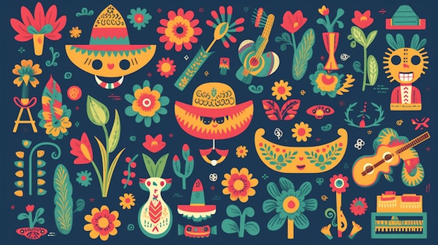 Cinco de Mayo-viering in Mexico-pictogrammen instellen ontwerpelement vlakke stijl Generatieve AI