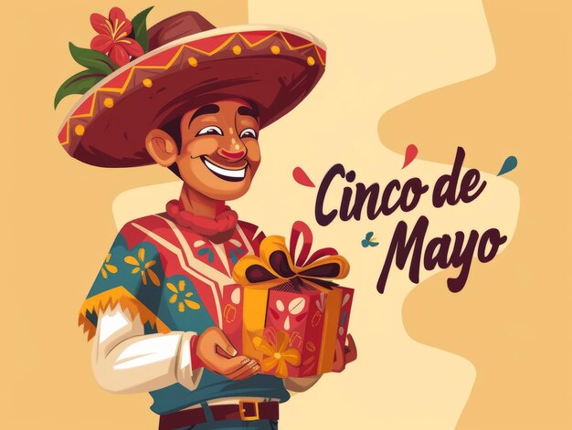Cinco de mayo viering met een man in Mexicaanse traditionele kleding houd een geschenkdoos