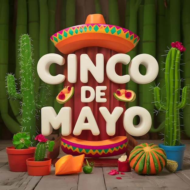 Photo cinco de mayo with cactus 3d render typography cactus