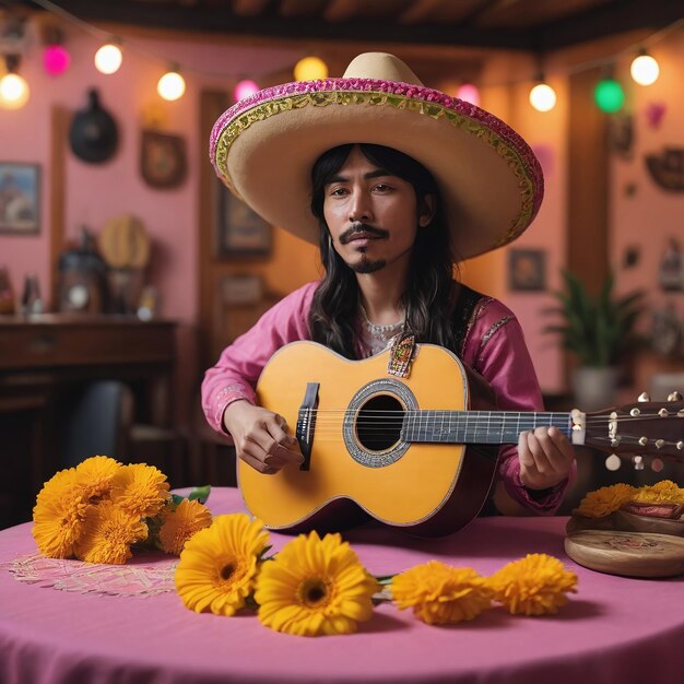 Cinco De Mayo с гитарой Sombrero Marigold на розовом