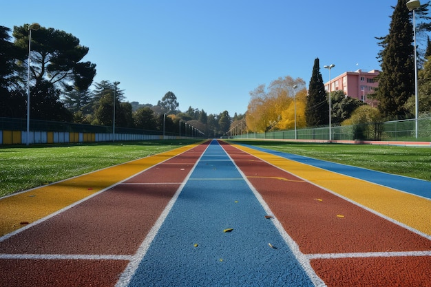 Foto cinder loopband in een stadion rode en blauwe loopbanen met witte markeringsstrepen in een groen stadionveld comfortabele omgeving voor sport en training