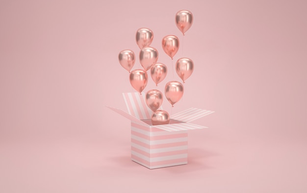 Cinema 4d rendering of gift box with balloons on pink background