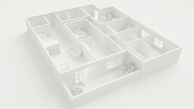 家のレイアウトの概念図のシネマ4Dレンダリング