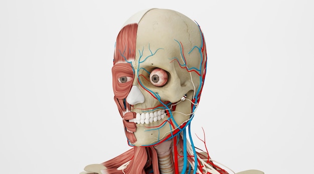 白い背景で隔離の人間の頭の筋肉と静脈のシネマ4Dレンダリング