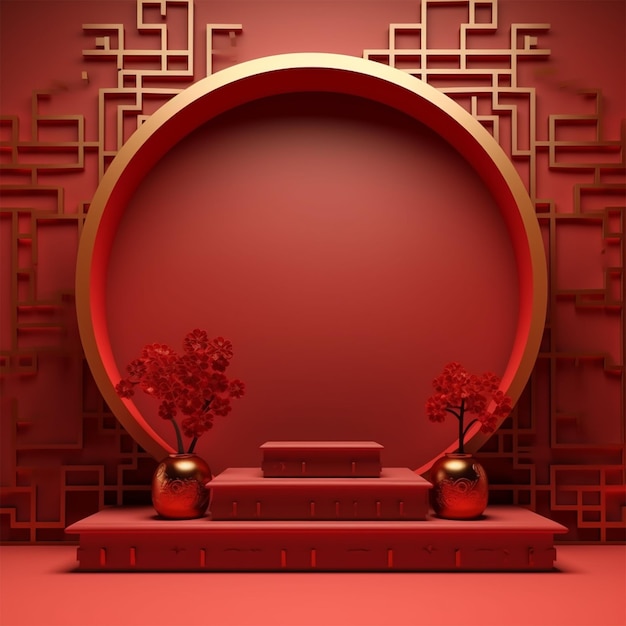 cinema 4d rendering of a red background platform with chinese style decorations