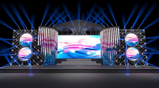 Cinema 4D rendering of a stage concept with colorful lighting decorations and a big screen