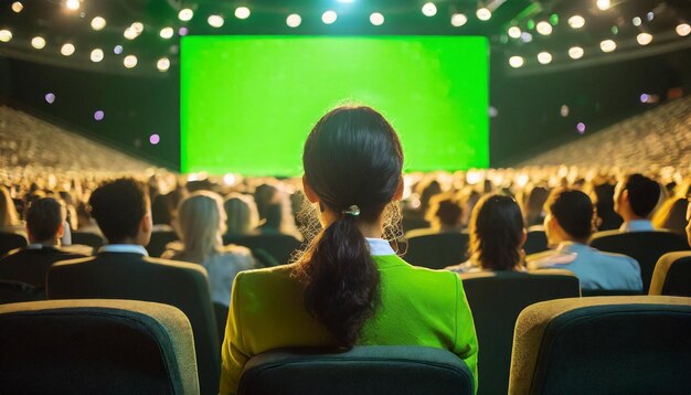 Cinema auditorium with people and green screen Rear view