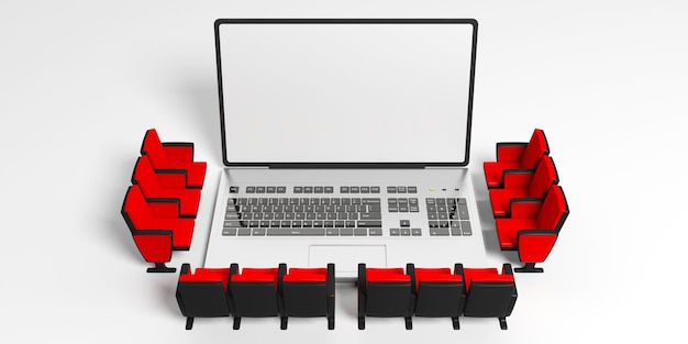 Cinema chairs around a laptop blank white screen for copyspace white background 3d illustration